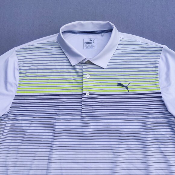 Puma Golf Polo Shirt men's size M white colour with grey and lime green stripes - Picture 2 of 9